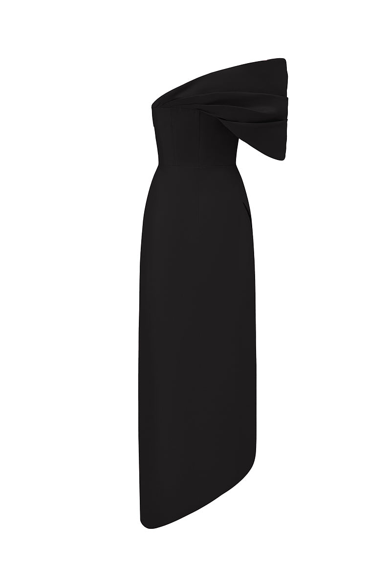 BLACK MERMAID GOWN WITH DRAPED DETAIL AND MULLET WRAP BOTTOM - CULT MIA