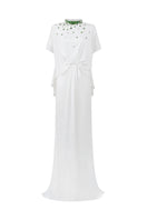 I.H.F mermaid evening gown with high neck and gathered waistline, elegant formal dress with fitted silhouette and flowing skirt.
