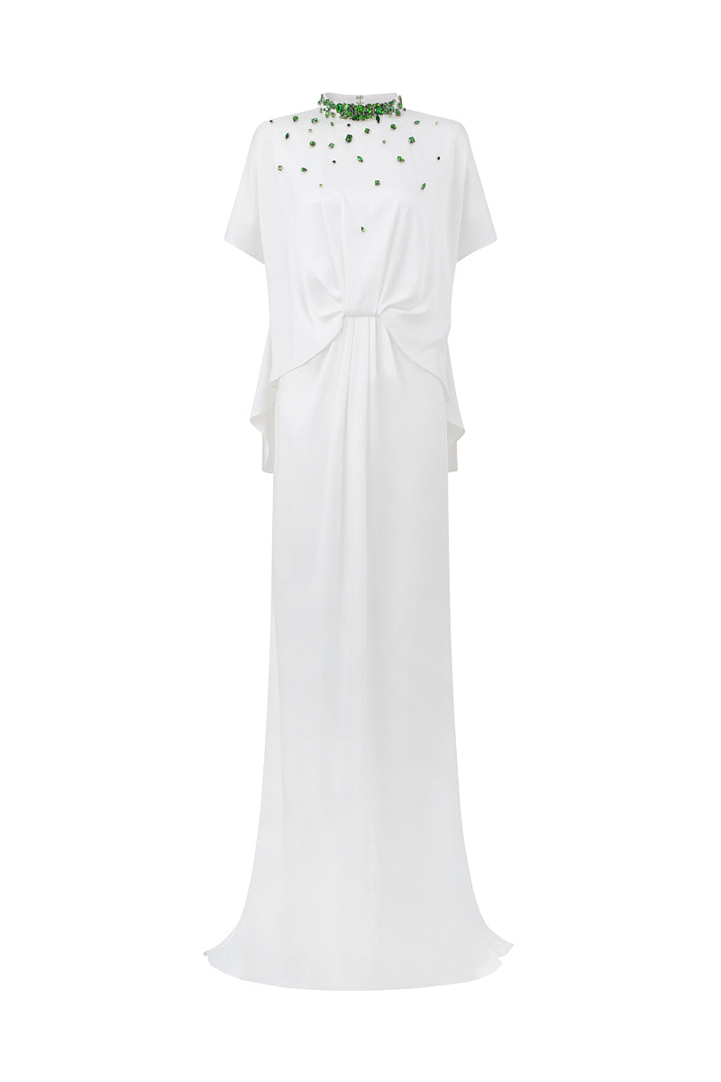 I.H.F mermaid evening gown with high neck and gathered waistline, elegant formal dress with fitted silhouette and flowing skirt.