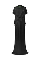 Black mermaid gown with high neck and gathered waistline by I.H.F, featuring a fitted silhouette and elegant design.