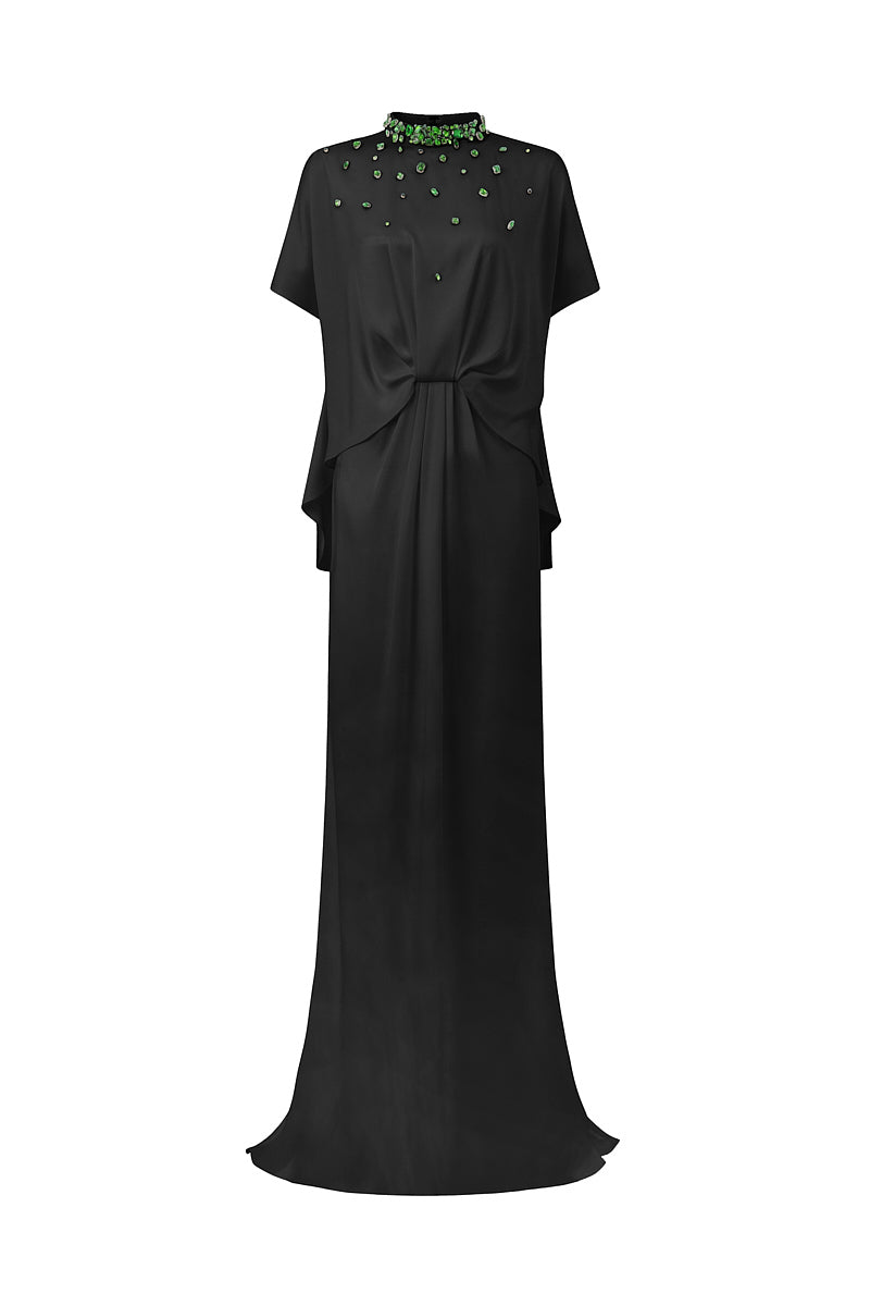 Black mermaid gown with high neck and gathered waistline by I.H.F, featuring a fitted silhouette and elegant design.