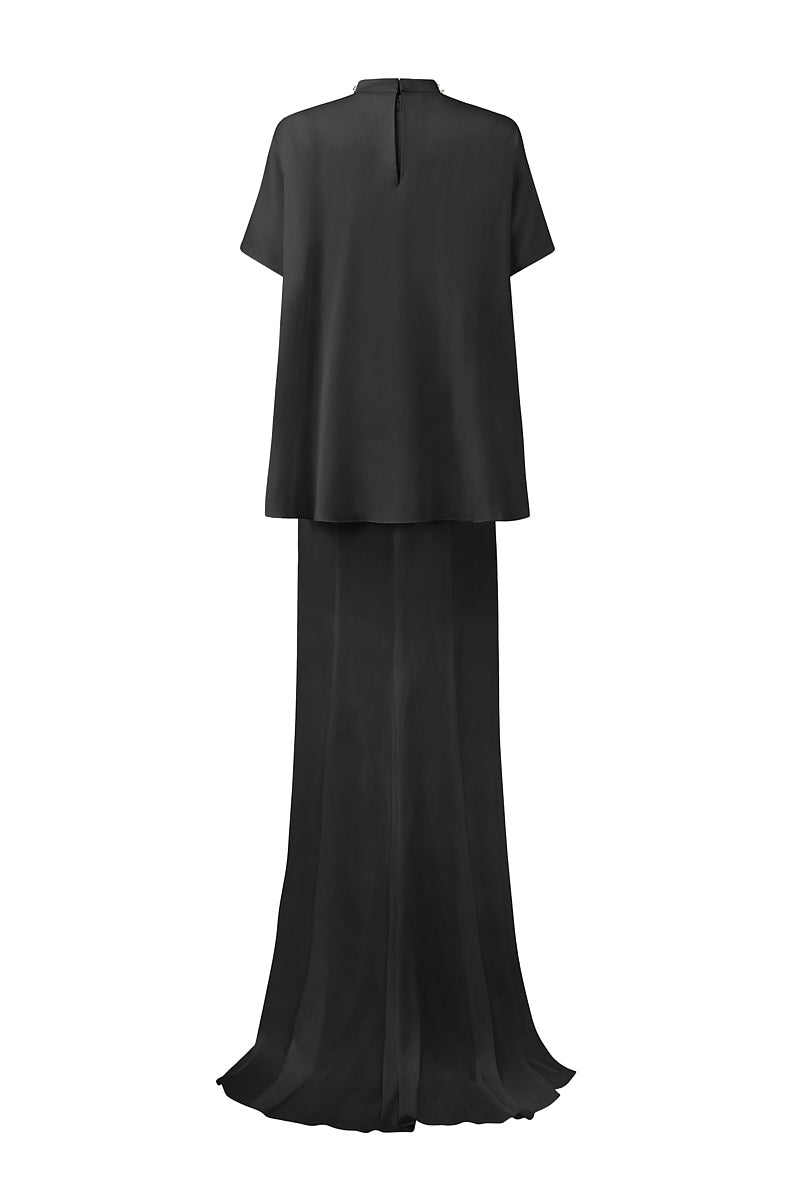 Black mermaid gown with high neck and gathered waist, elegant evening dress by I.H.F, shown on a model.