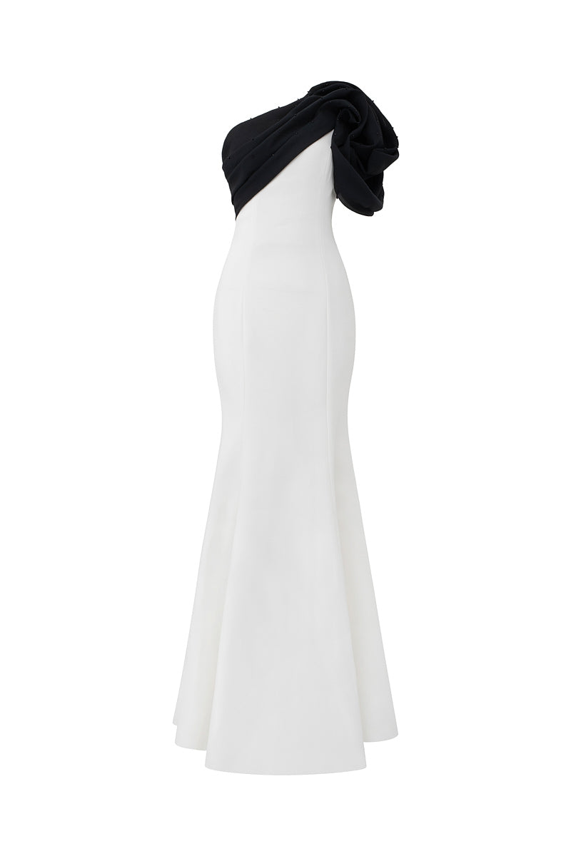 MERMAID EVENING GOWN WITH ONE SHOULDER AND DRAPED DETAIL - CULT MIA