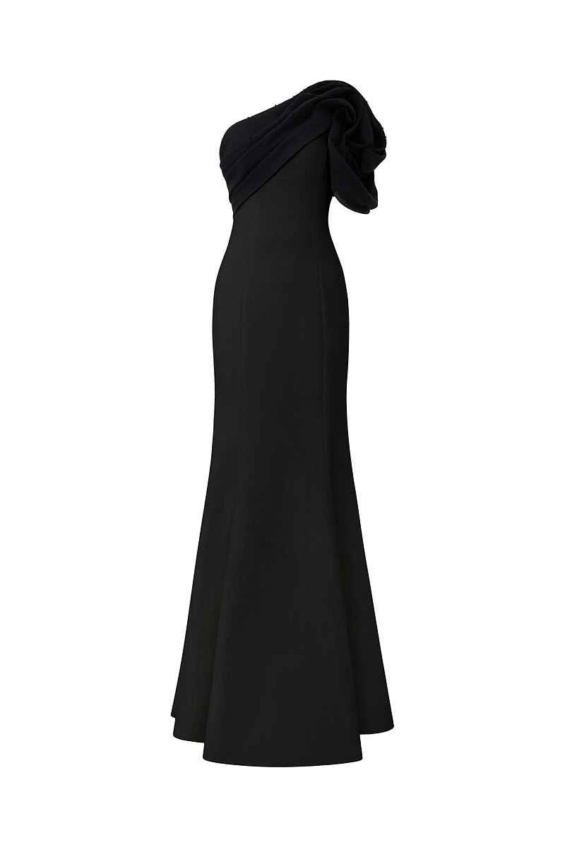 BLACK MERMAID EVENING GOWN WITH ONE SHOULDER AND DRAPED DETAIL - CULT MIA
