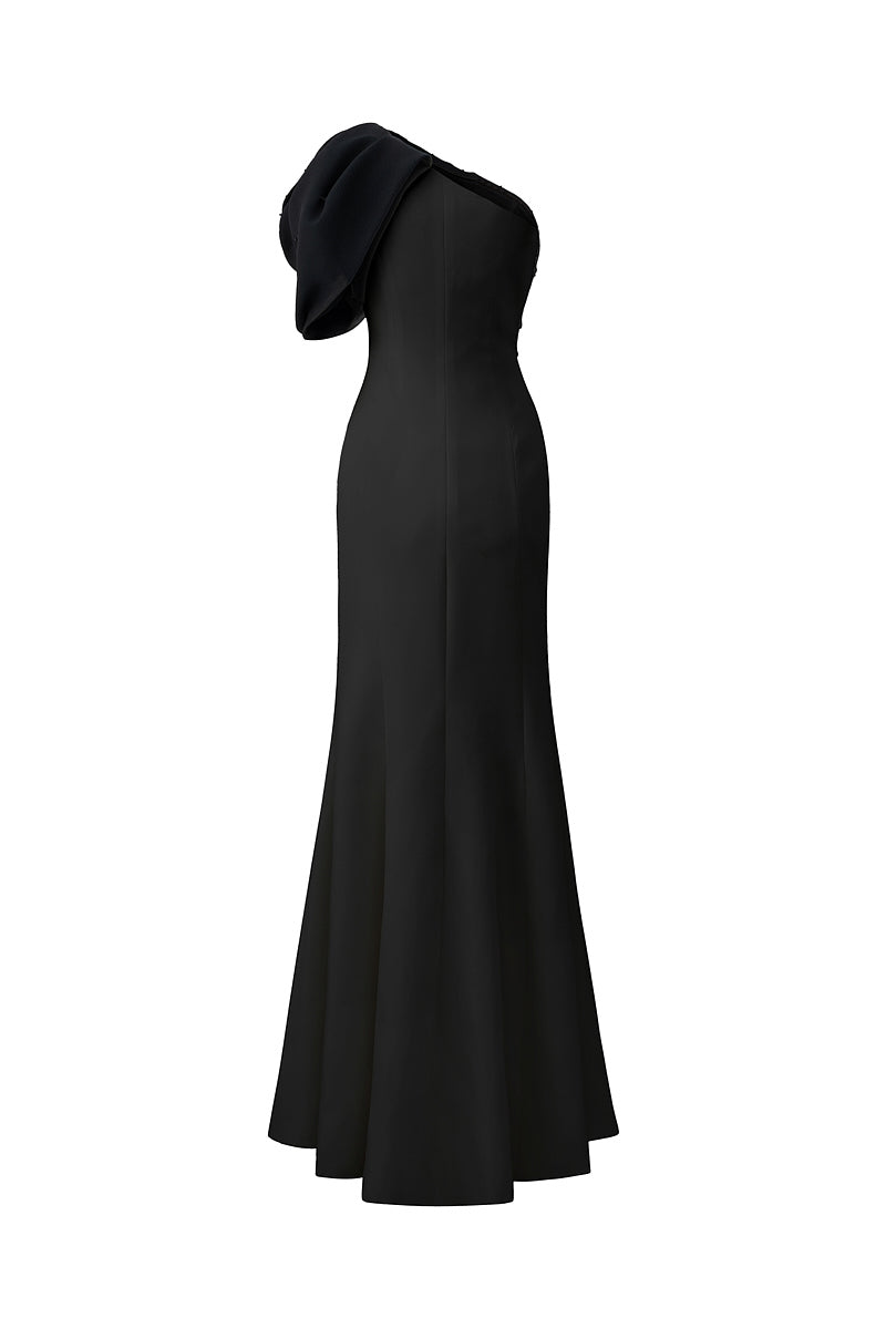 BLACK MERMAID EVENING GOWN WITH ONE SHOULDER AND DRAPED DETAIL - CULT MIA
