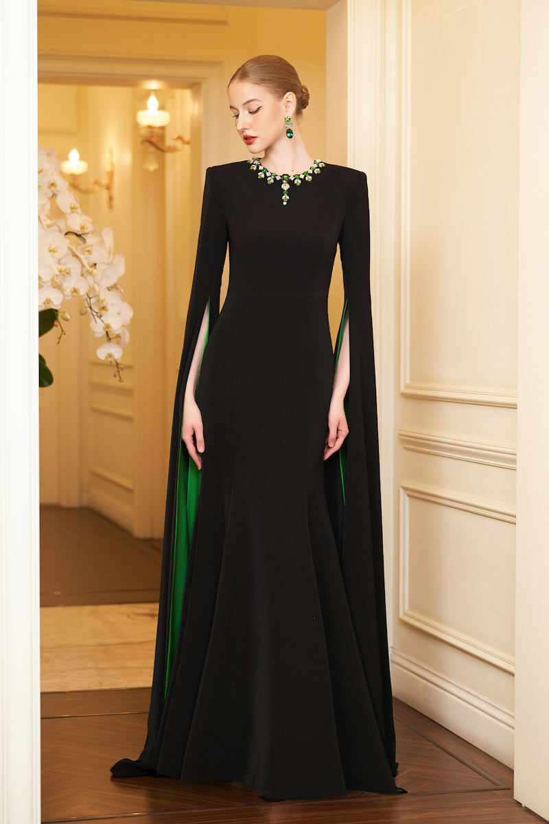 EMERALD CAPE SLEEVE MERMAID EVENING GOWN - CULT MIA