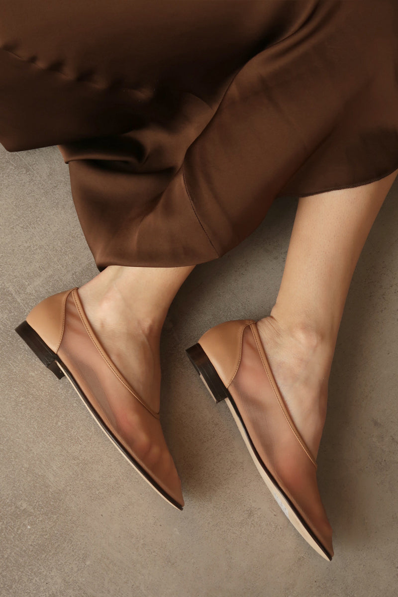 Tan mesh ballerina flats by House of Atana, featuring a sleek, breathable design with a smooth nappa finish.