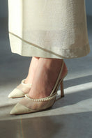 House of Atana wheat patent pearl slingback heels with mesh straps and pearl embellishments, stylish women's footwear.