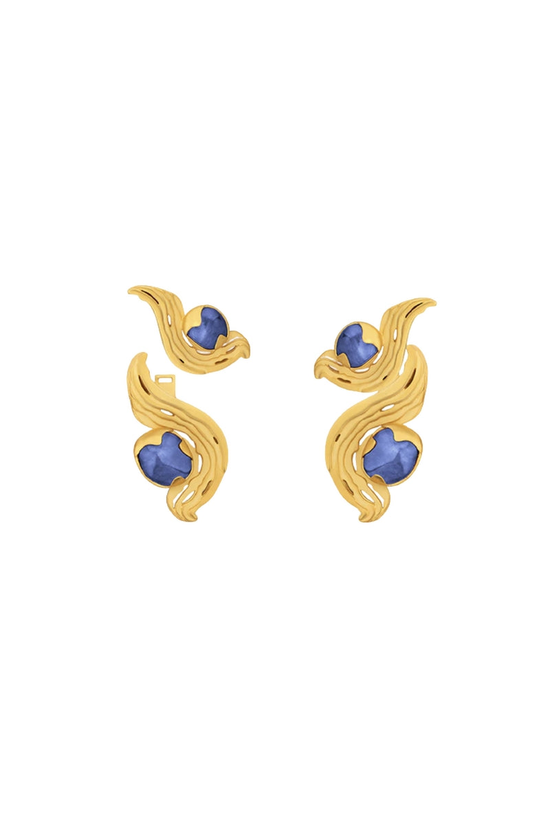 Blue meteorite earrings by Jude Benhalim featuring gold accents, showcasing their unique textured meteorite stone design.