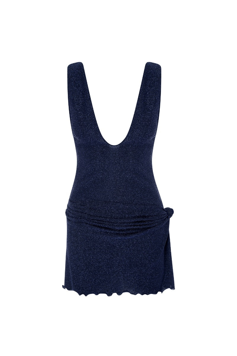Dark blue Mia dress by Suncillo, a stylish mini dress with a fitted silhouette and elegant design, shown in this image.