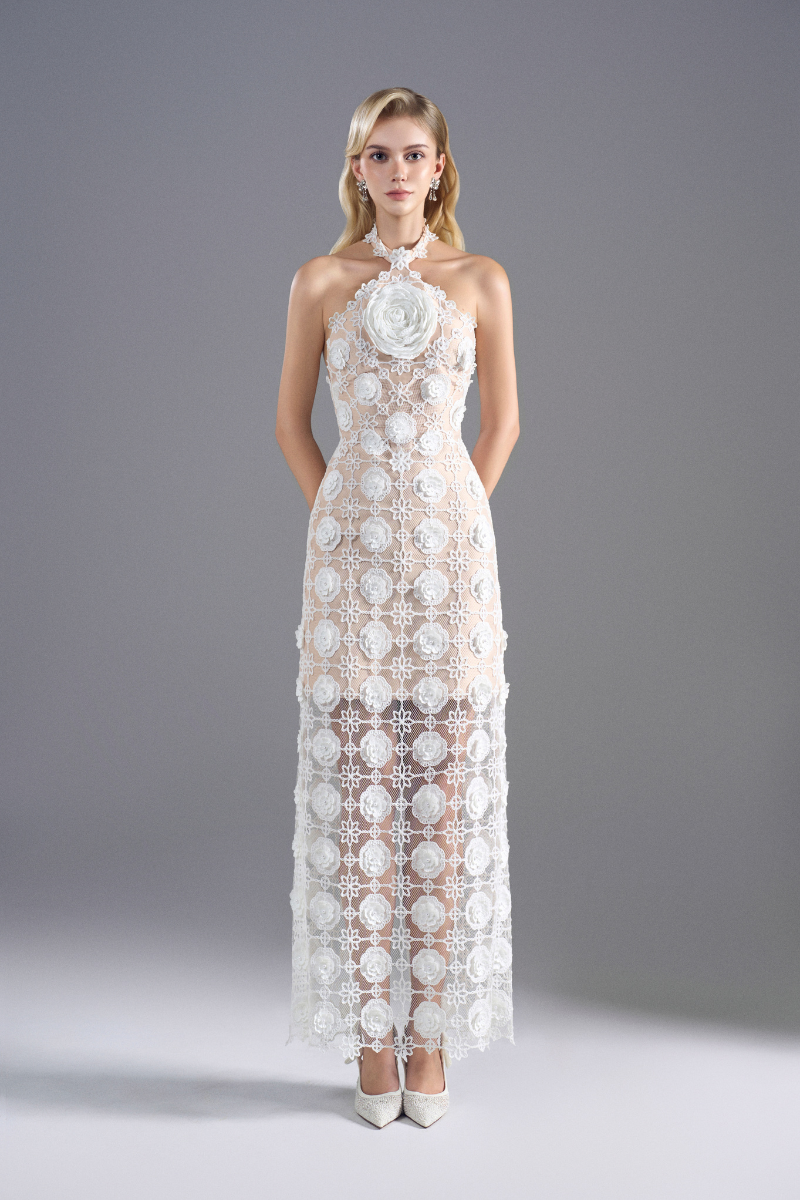 ROSEE de MATIN HALTER NECK LACE MIDI DRESS IN White | Cult Mia ROSEE de MATIN HALTER NECK LACE MIDI DRESS IN White | Cult Mia
