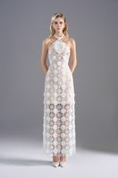 White halter neck lace midi dress by Rosee de Matin, featuring elegant design and flowing fabric perfect for formal occasions.