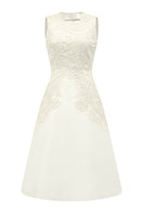 Ivory sleeveless knee-length midi dress by I.H.F Studio featuring taffeta fabric, lace accents, and a crystal-embellished bow.