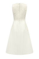 Ivory sleeveless knee-length midi dress by I.H.F Studio with taffeta fabric, lace accents, and a crystal-embellished bow.