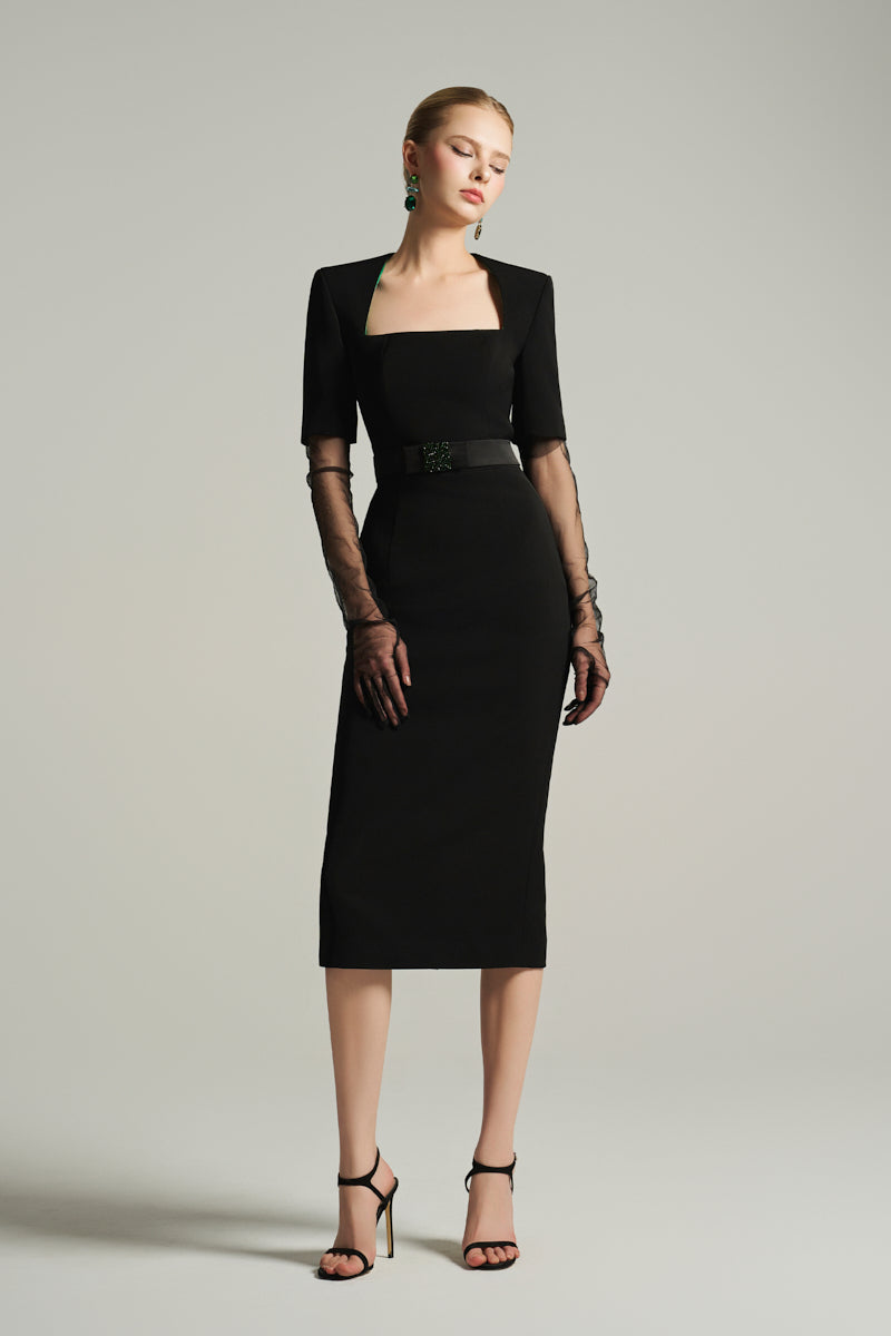 Black knee-length midi dress by I.H.F Studio featuring a trapezium neckline and dark green crystal-embellished bow belt.