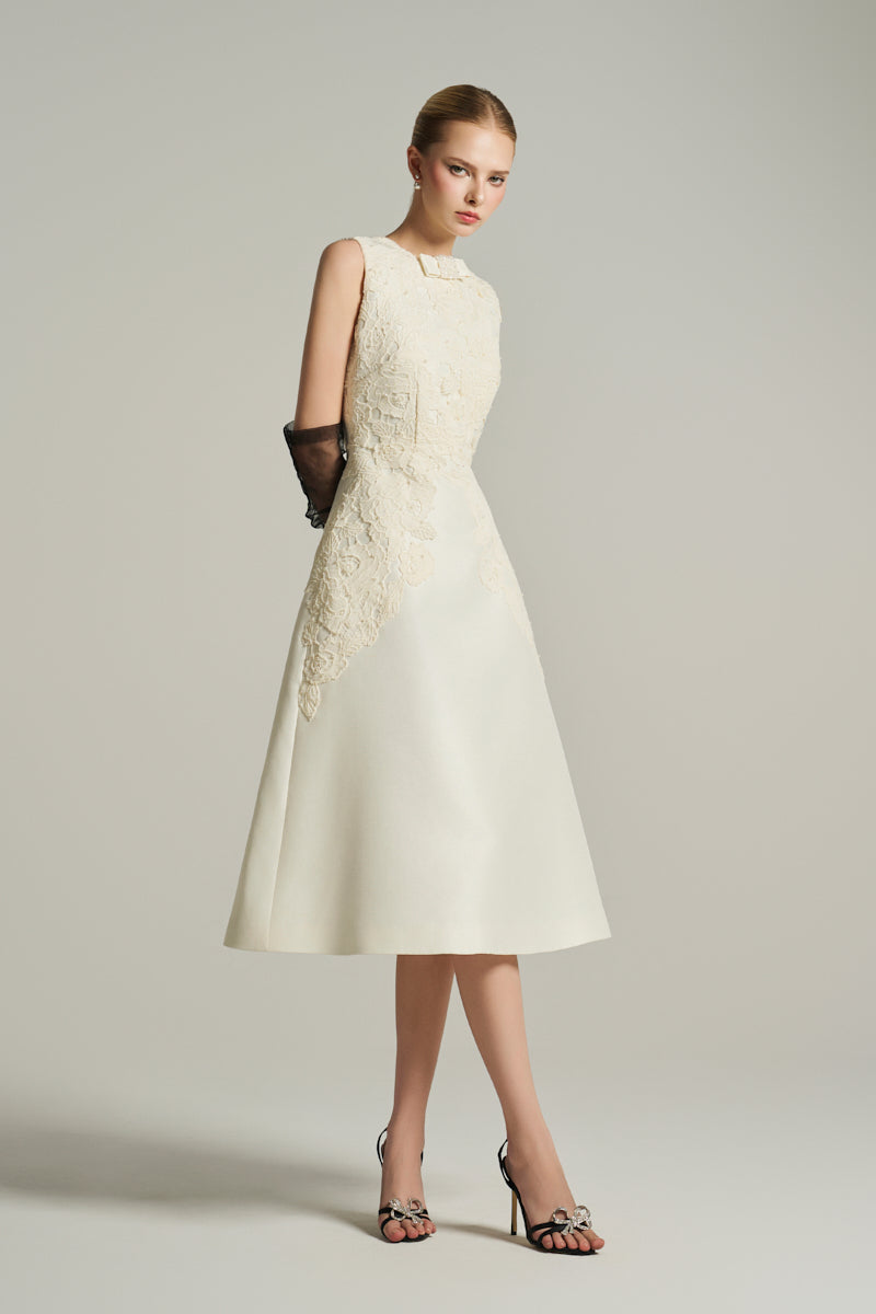 SLEEVELESS KNEE LENGTH DRESS IN IVORY | CULT MIA | I.H.F Studio SLEEVELESS KNEE LENGTH DRESS IN IVORY | CULT MIA | I.H.F Studio