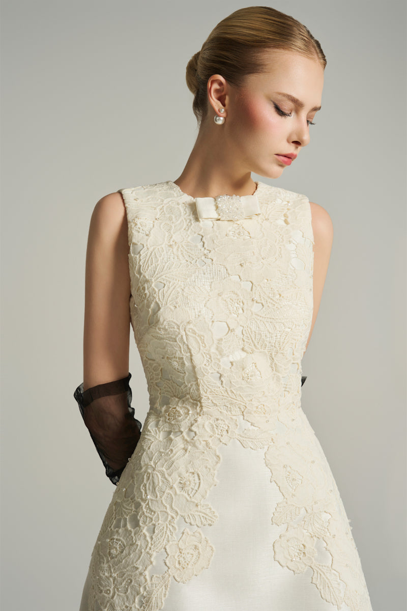 SLEEVELESS KNEE LENGTH DRESS IN IVORY | CULT MIA | I.H.F Studio SLEEVELESS KNEE LENGTH DRESS IN IVORY | CULT MIA | I.H.F Studio