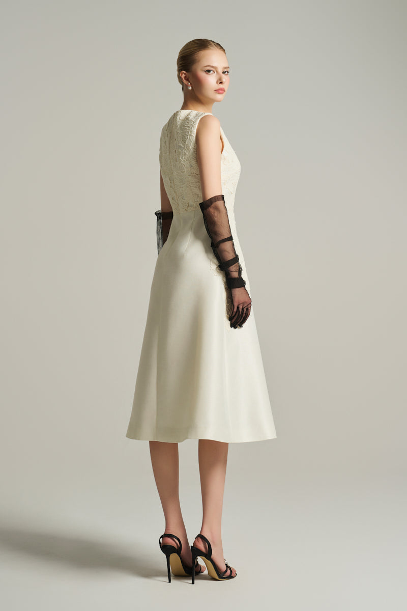 SLEEVELESS KNEE LENGTH DRESS IN IVORY | CULT MIA | I.H.F Studio SLEEVELESS KNEE LENGTH DRESS IN IVORY | CULT MIA | I.H.F Studio