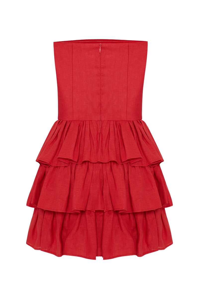 MILA GOJI RED STRAPLESS LINEN RUFFLE MINI DRESS - CULT MIA