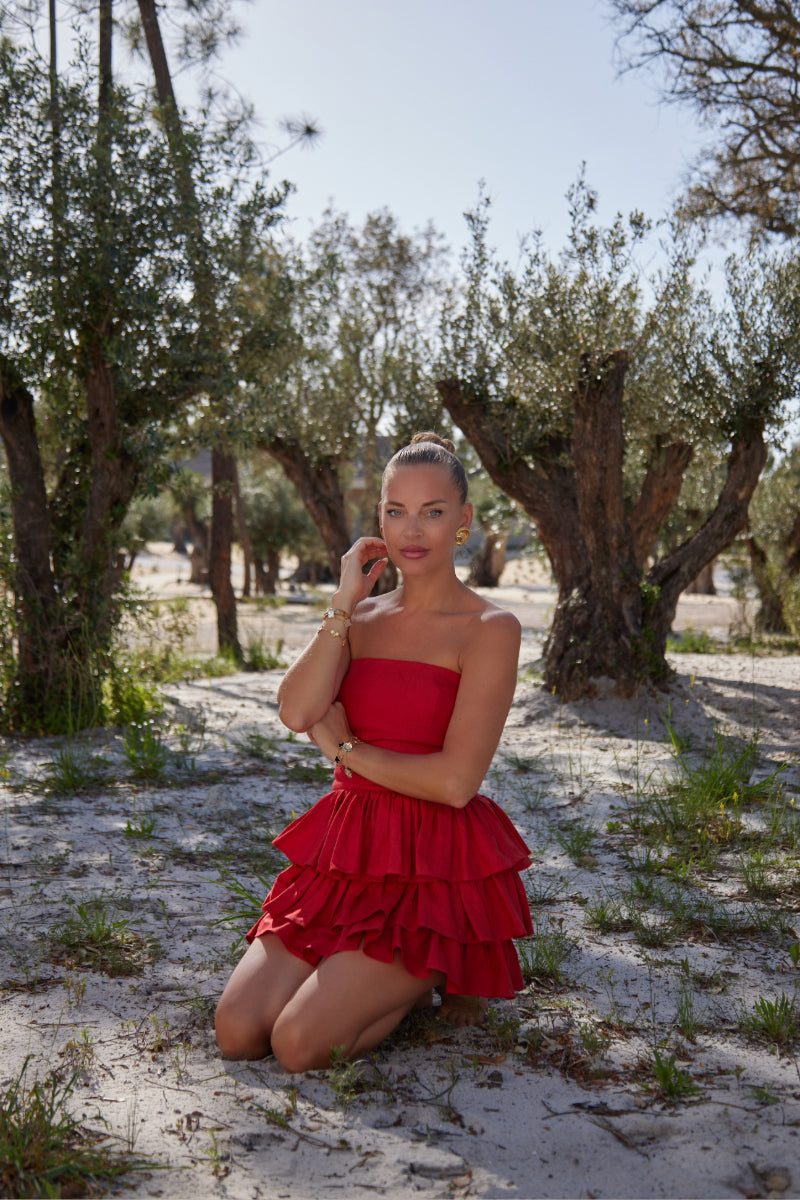 MILA GOJI RED STRAPLESS LINEN RUFFLE MINI DRESS - CULT MIA