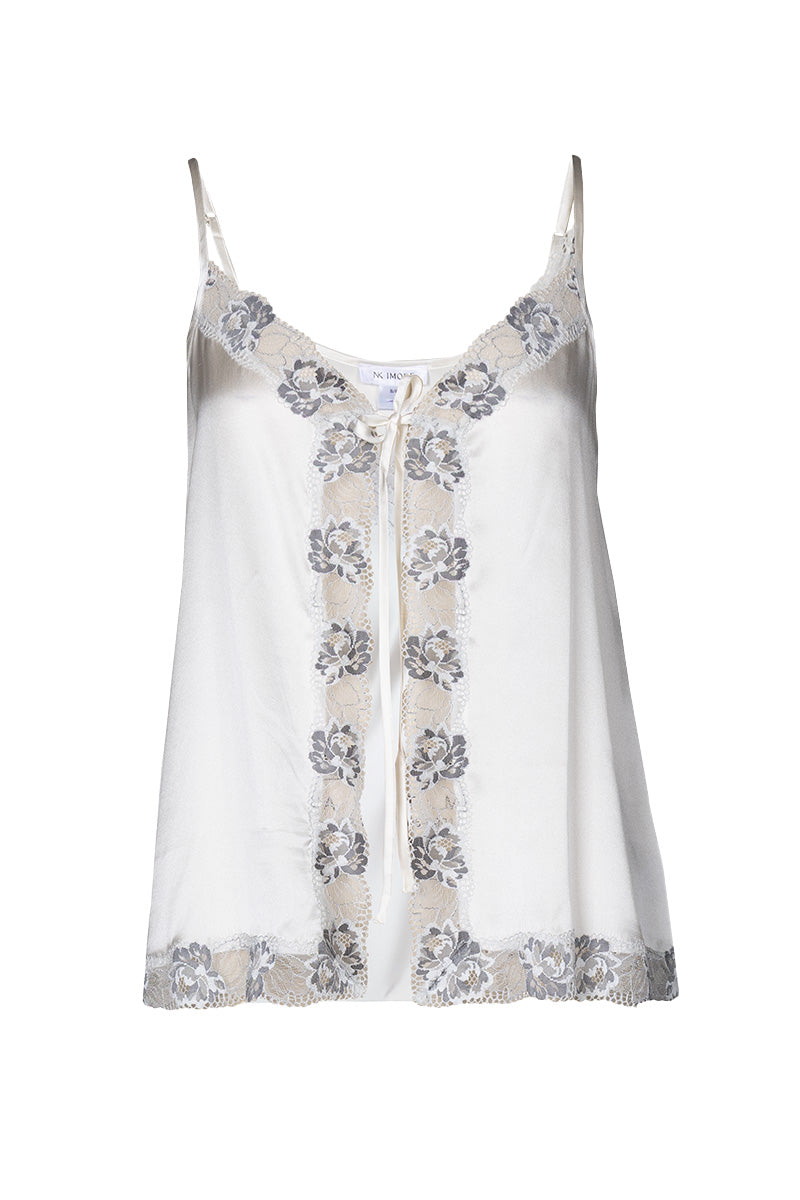 Ivory silk bridal camisole set by NK IMODE featuring delicate lace accents and smooth, luxurious fabric for elegant wedding lingerie.