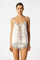 Ivory silk bridal camisole set from NK IMODE, featuring delicate lace details and a smooth, luxurious fabric for elegant loungewear.