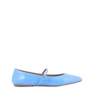 A pair of AERA Mina light blue patent-effect flats shown from the front, featuring sleek, shiny patent leather and rounded toes.