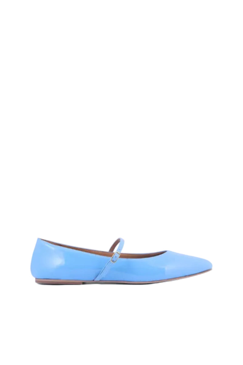 A pair of AERA Mina light blue patent-effect flats shown from the front, featuring sleek, shiny patent leather and rounded toes.