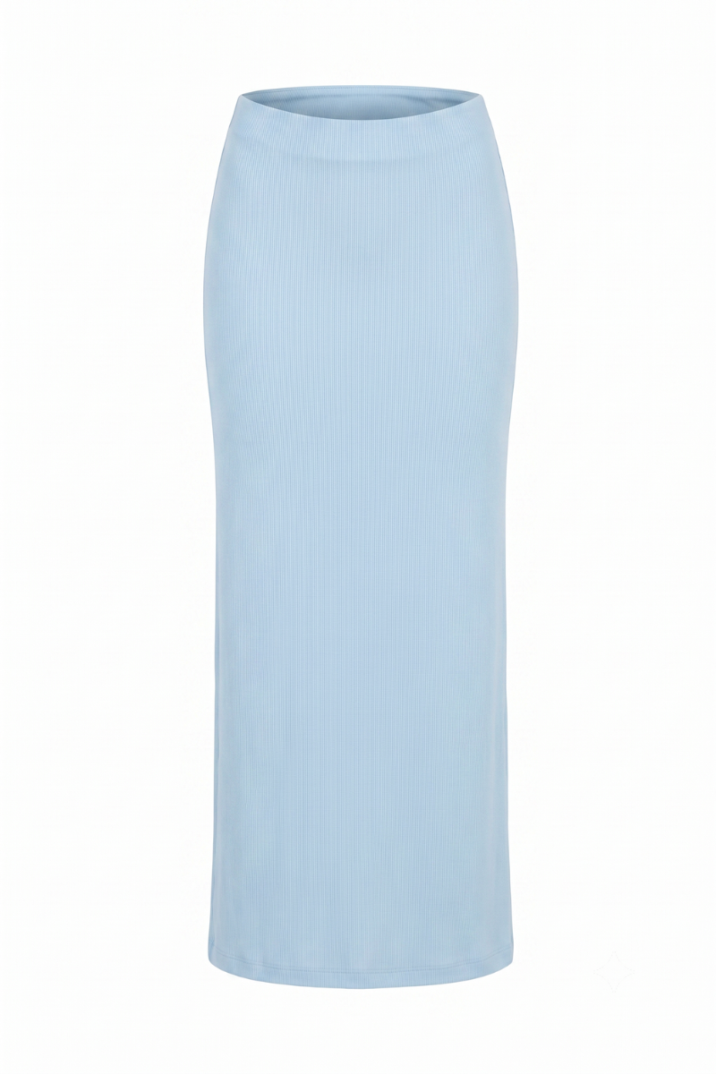 Baby blue maxi skirt from Summer Away's Minato collection, flowing fabric, high waist, and elegant design.