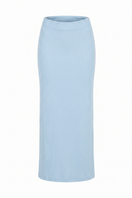 Baby blue Minato maxi skirt by Summer Away, flowing fabric, high waist, and elegant style for casual or dressy occasions.