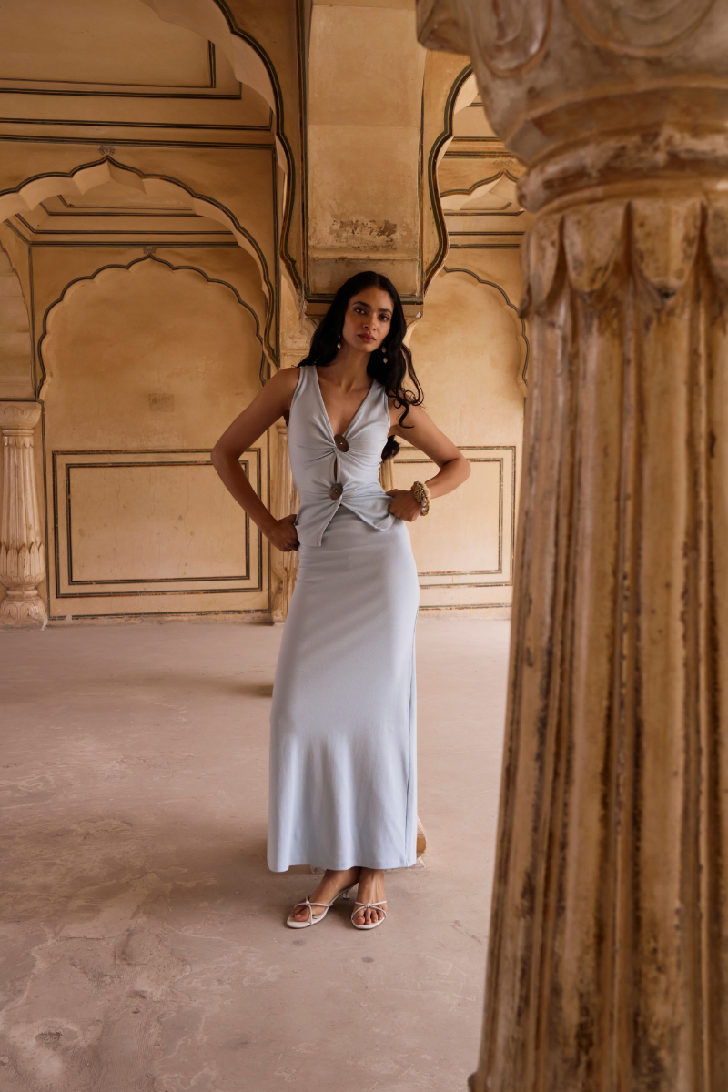 Baby blue Minato maxi skirt from Summer Away with a flowy, lightweight fabric and a relaxed, stylish fit.