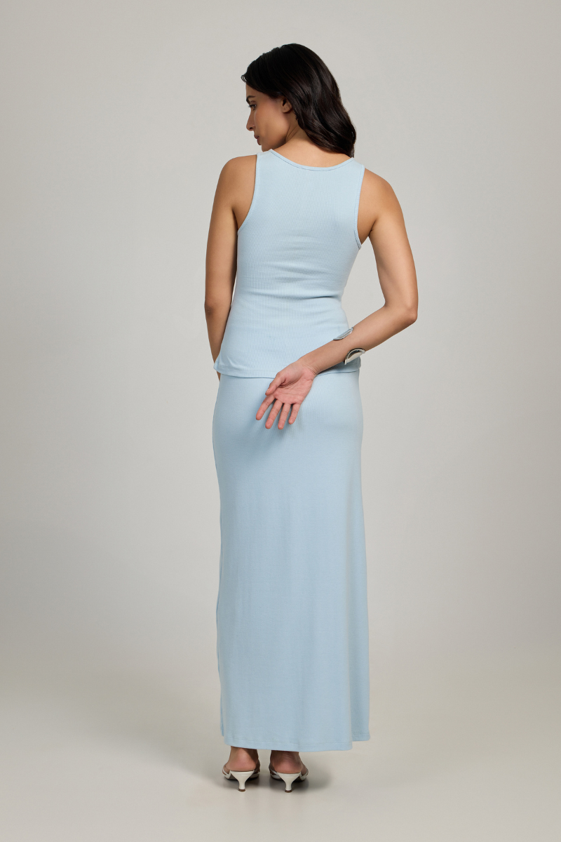 Summer Away EVIA baby blue top, showcasing a stylish, lightweight sleeveless top with a rounded neckline and soft fabric.