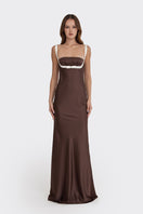 Dark brown mini bow gown by Stolen Stores, featuring a stylish design with a fitted bodice and elegant bow detail.