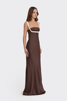 Dark brown mini bow gown from Stolen Stores featuring a stylish design, perfect for elegant occasions.