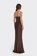 Dark brown mini bow gown by Stolen Stores featuring a stylish, elegant design perfect for special occasions.