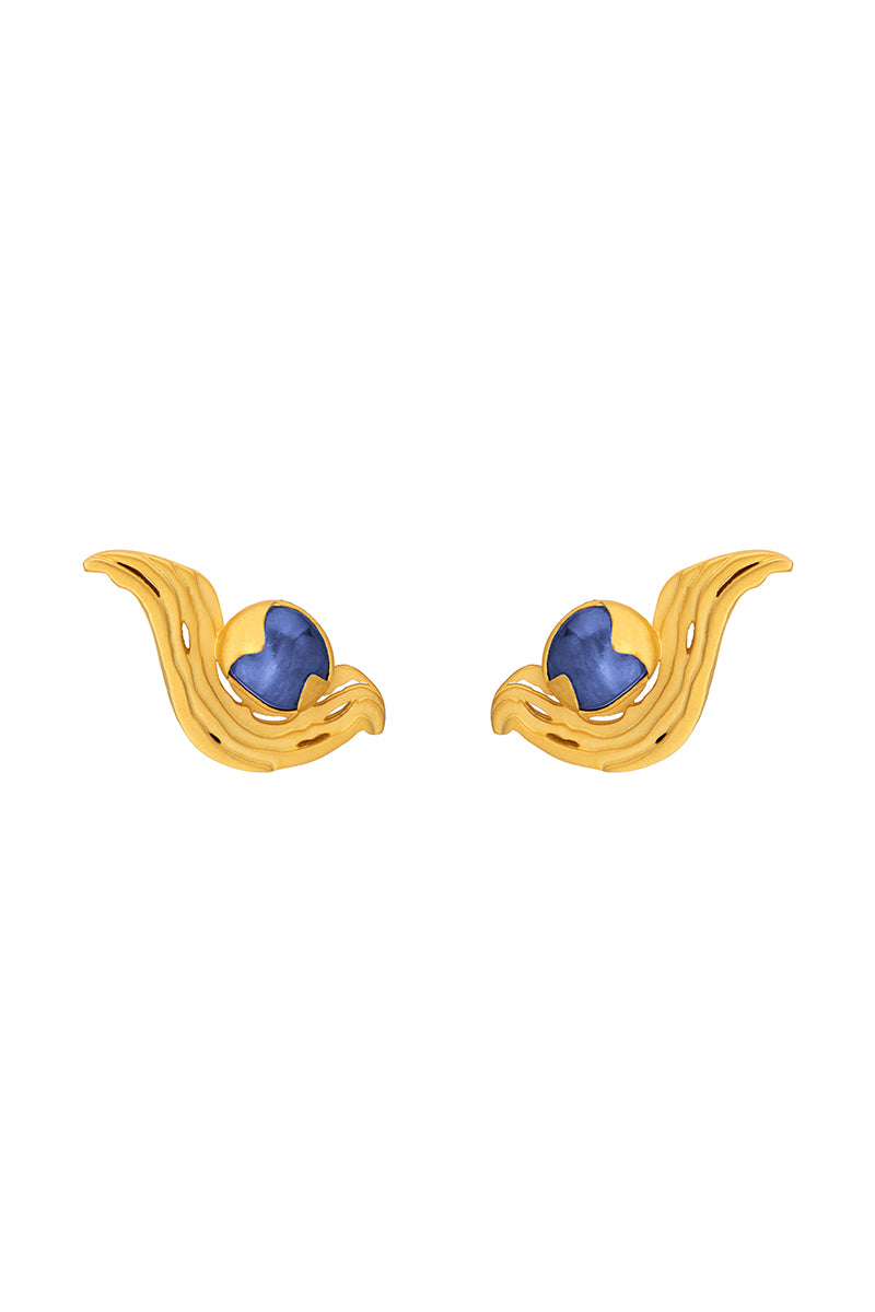 Mini blue meteorite earrings by Jude Benhalim featuring small, polished meteorite stones with a sleek earring design.