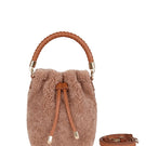 Saonara mini bucket bag in caramel cozy fabric with a top handle, stylish and compact for everyday use.