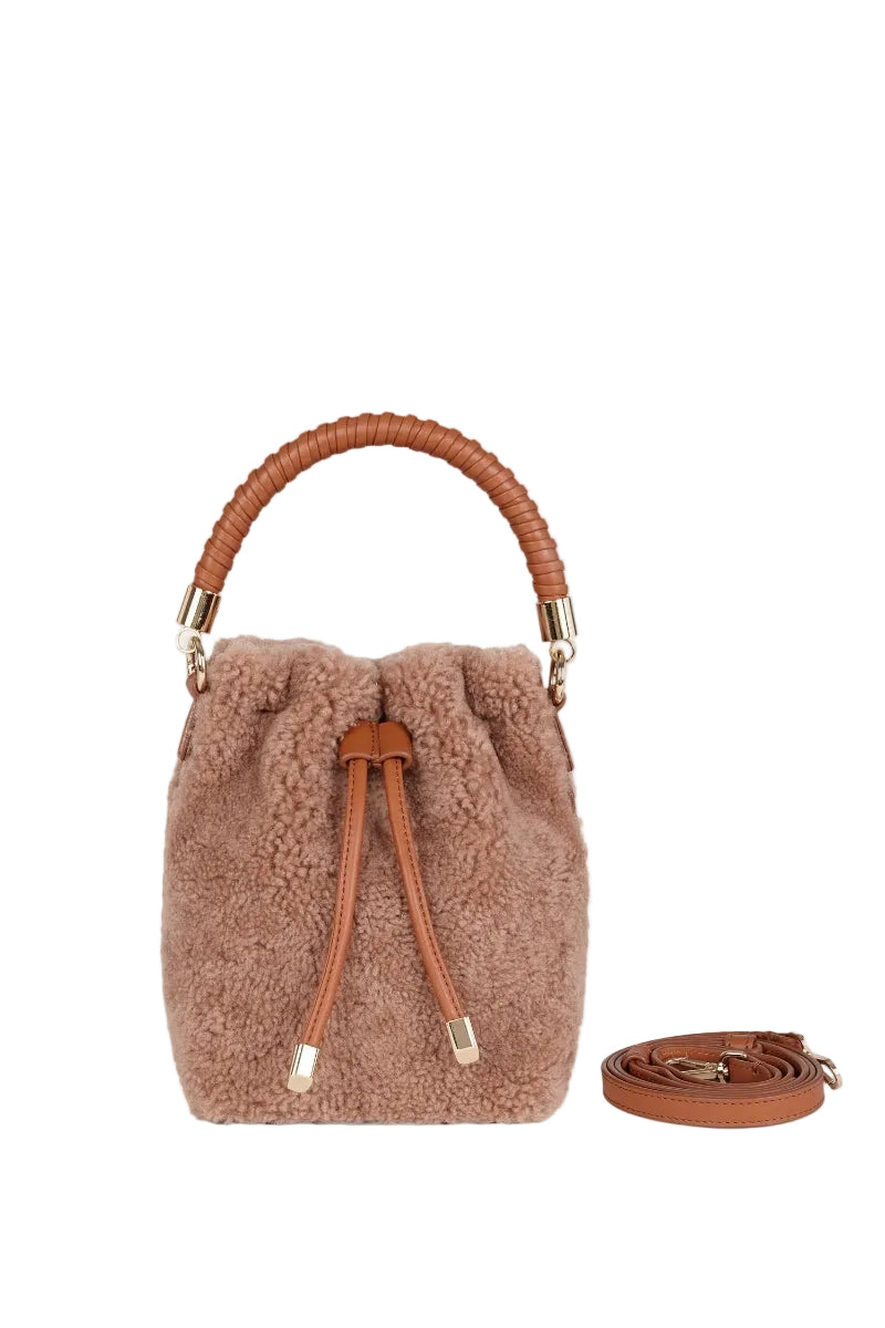 Saonara mini bucket bag in caramel cozy fabric with a top handle, stylish and compact for everyday use.