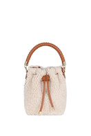 Saonara mini bucket top handle bag in off-white cozy fabric, showcasing its compact design and stylish texture.