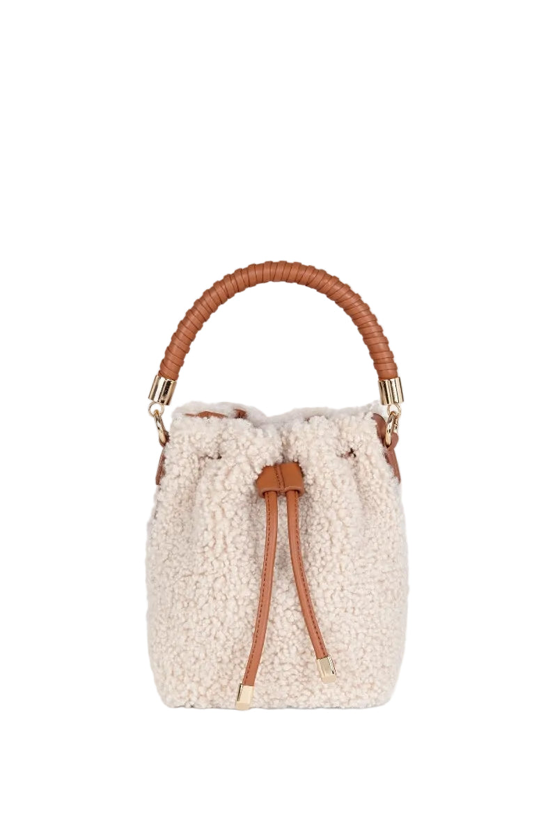 Saonara mini bucket top handle bag in off-white cozy fabric, showcasing its compact design and stylish texture.