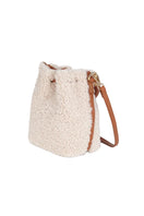 Saonara mini bucket top handle bag in off-white cozy fabric, featuring a compact design with a stylish, soft appearance.
