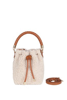 Saonara mini bucket top handle bag in off-white cozy fabric with a sleek, compact design and stylish shoulder strap.