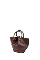 Mini Capazo bag in rich chocolate leather with top handle, stylish and compact, by Saonara.