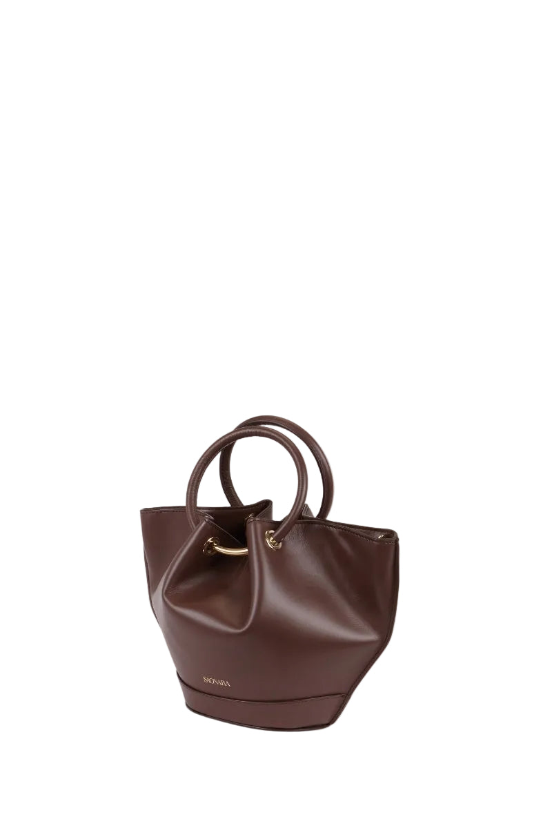 Mini Capazo bag in rich chocolate leather with top handle, stylish and compact, by Saonara.