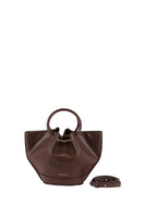 Mini Saonara Capazo bag in chocolate leather, featuring a compact top handle design and stylish craftsmanship.