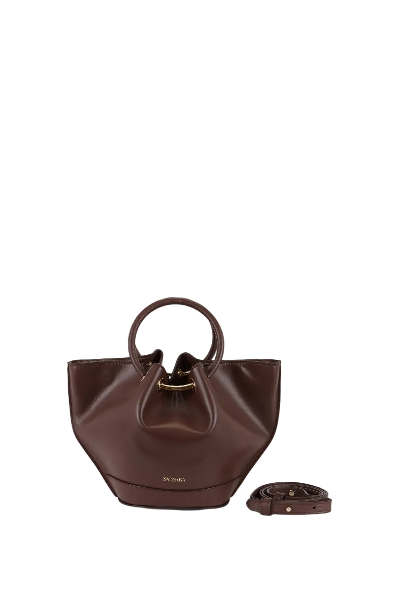 Mini Saonara Capazo bag in chocolate leather, featuring a compact top handle design and stylish craftsmanship.