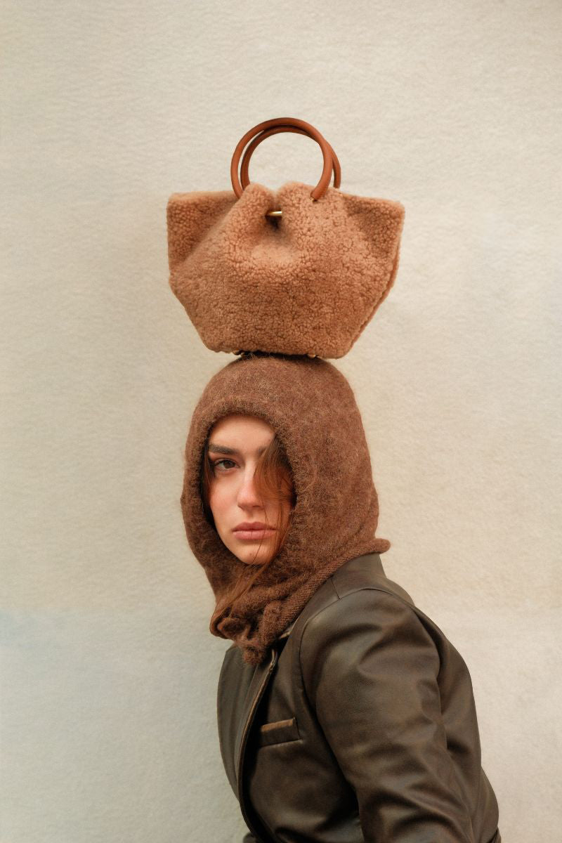 Saonara mini capazo bag in warm caramel color, top handle design with cozy textured finish, stylish and compact for everyday use