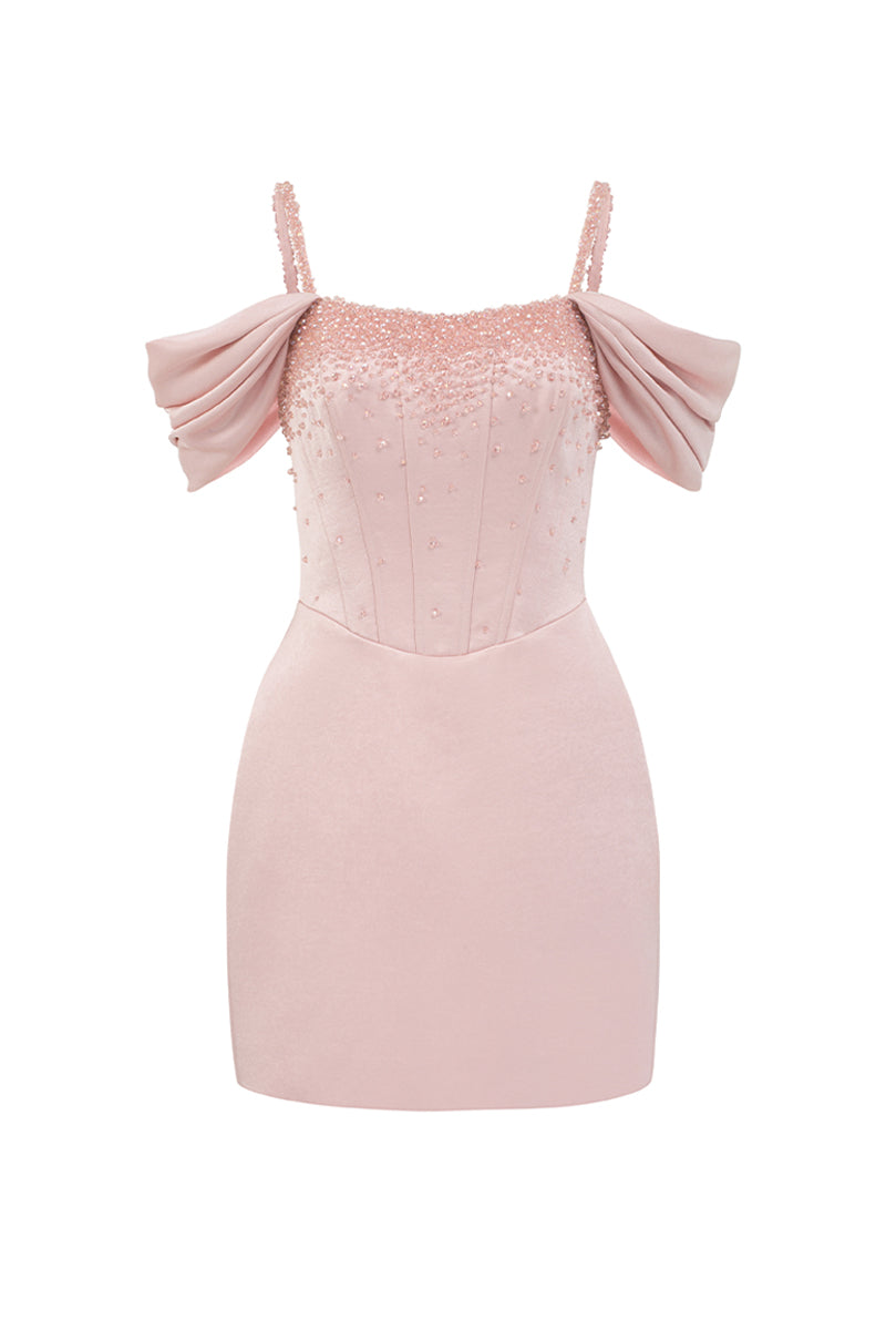 OFF-SHOULDER BUSTIER MINI DRESS IN LIGHT PINK | CULT MIA
