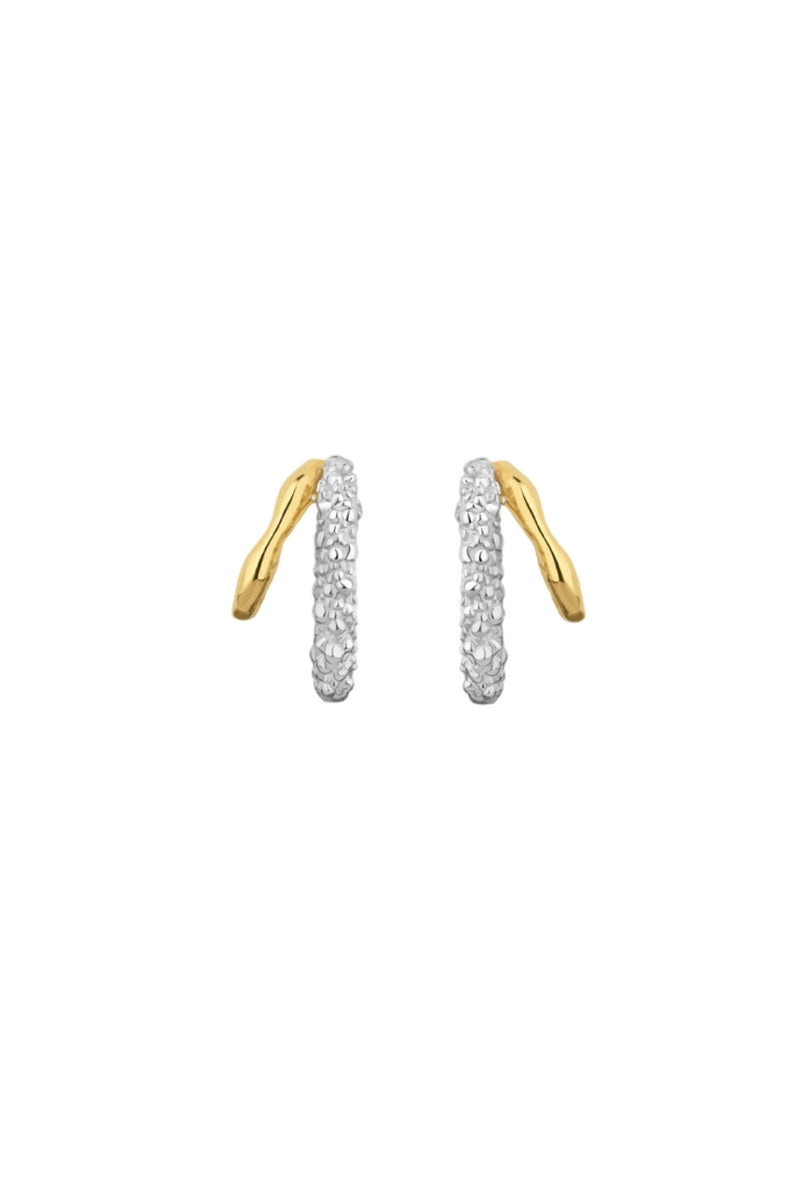 Jude Benhalim Mini Harmonia earrings, small mixed-metal hoop earrings with intricate design, shown on a white background.