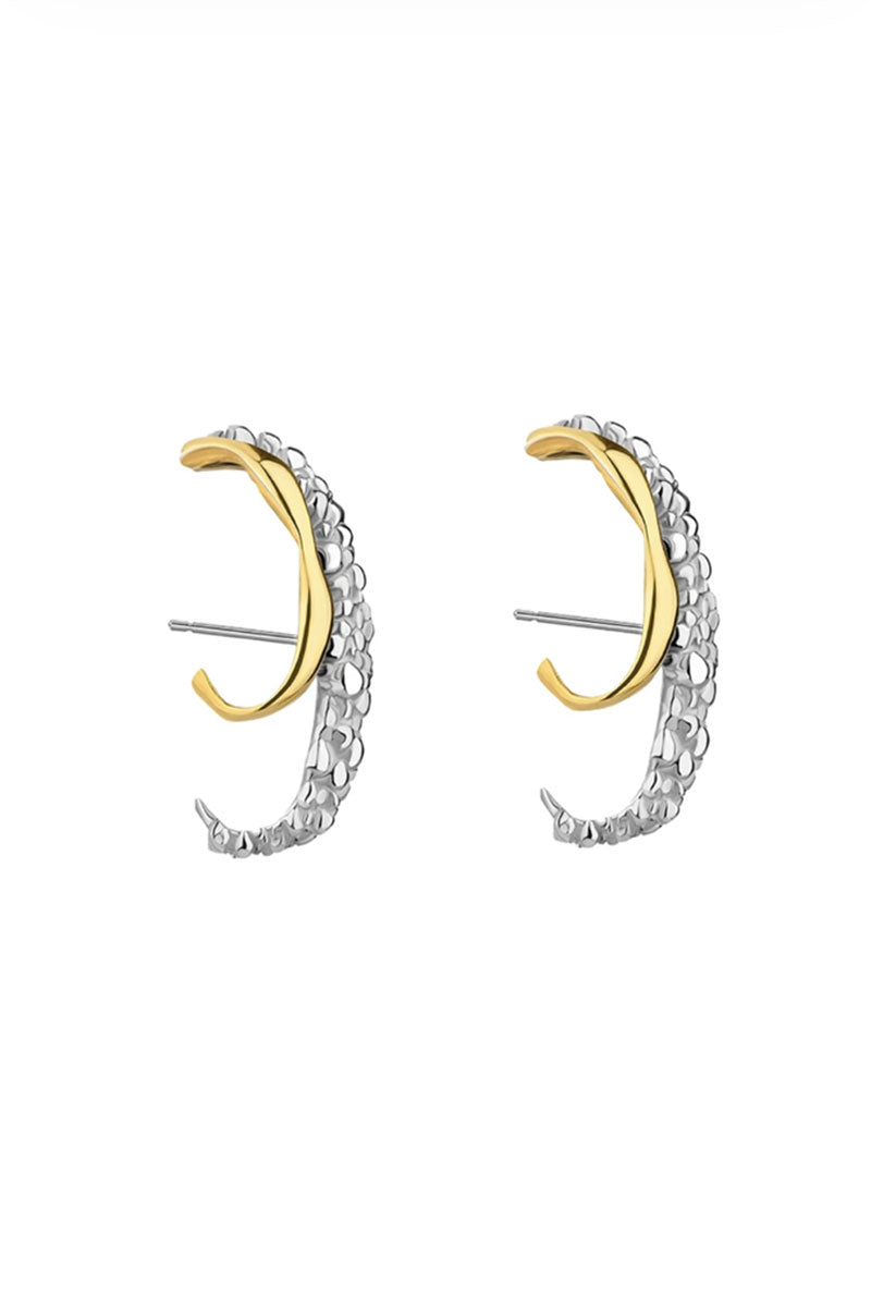 Mini Harmonia earrings by Jude Benhalim featuring small, mixed metal hoop and stud designs displayed on a white background.